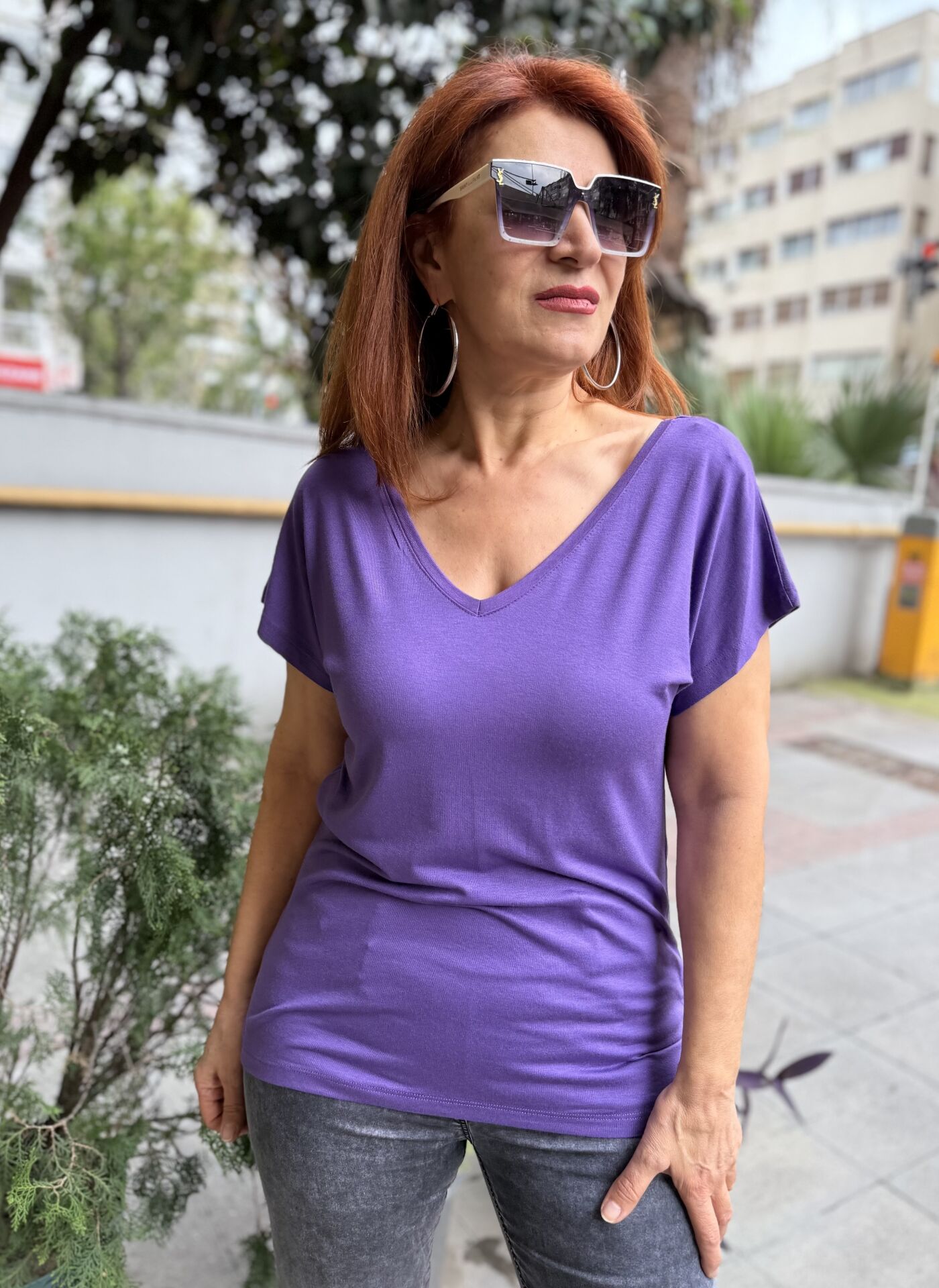 Viskon Ön Arka V Tişört Mor