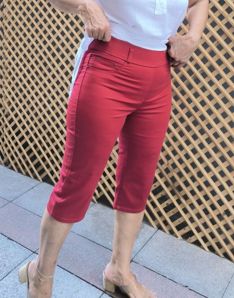 Likralı Kumaş Kapri Çizgili Kırmızı