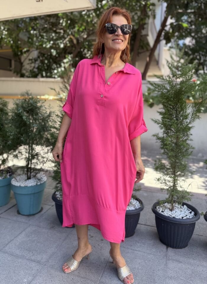 L-Viskon Sırt Detaylı Gömlek Elbise Pembe