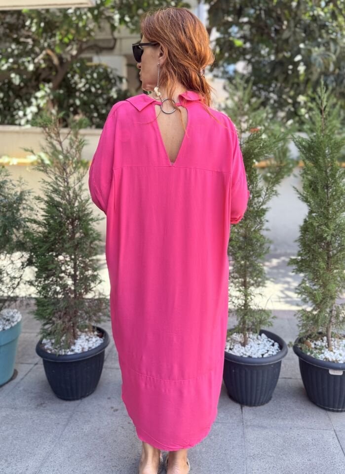 L-Viskon Sırt Detaylı Gömlek Elbise Pembe