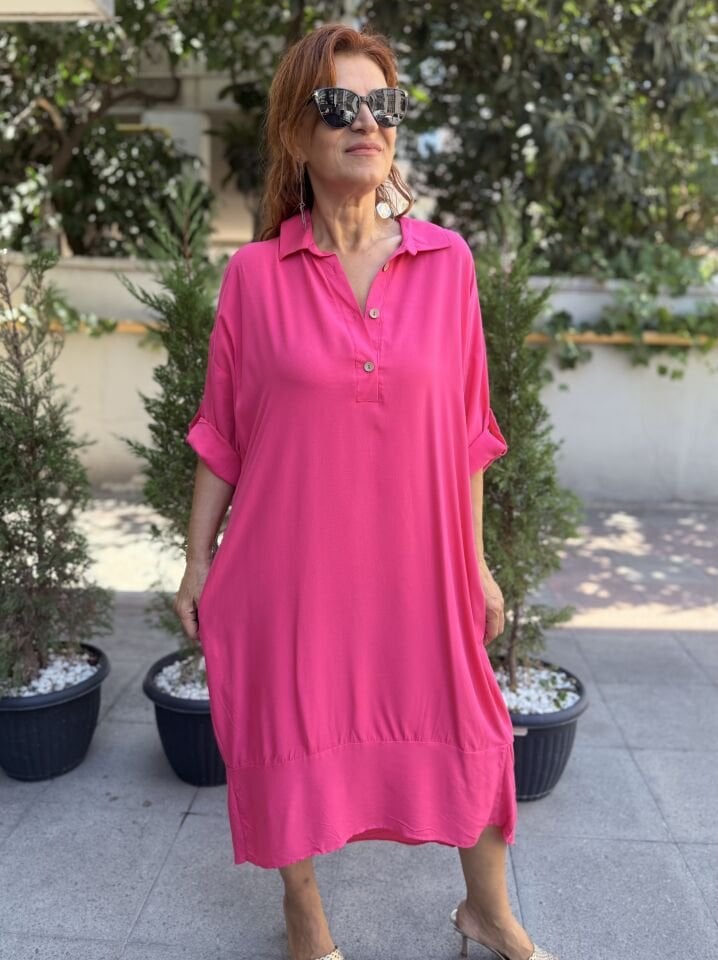 L-Viskon Sırt Detaylı Gömlek Elbise Pembe