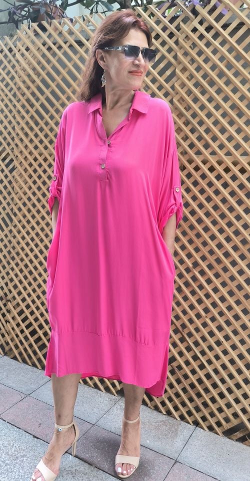 L-Viskon Sırt Detaylı Gömlek Elbise Pembe
