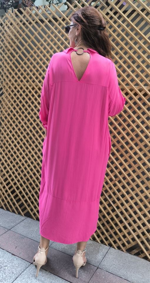 L-Viskon Sırt Detaylı Gömlek Elbise Pembe