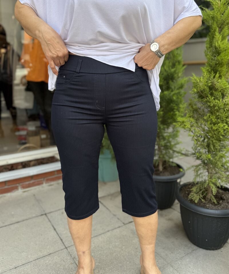Likralı Kumaş Kapri Çizgili Lacivert