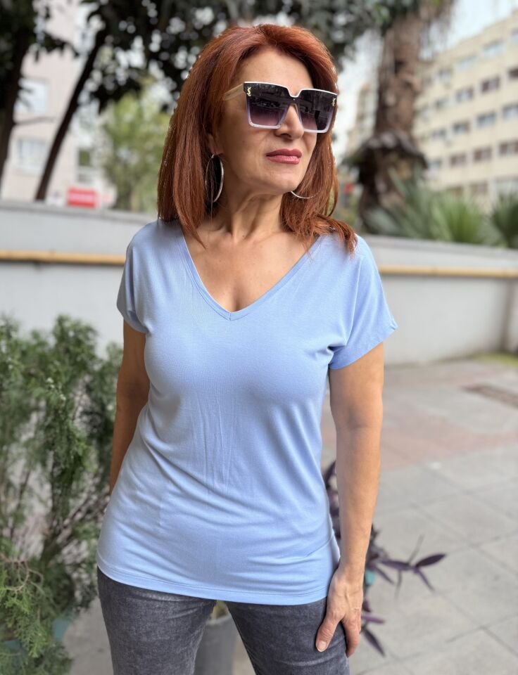 NCD- Viskon Ön Arka V Tişört Bulut Mavi