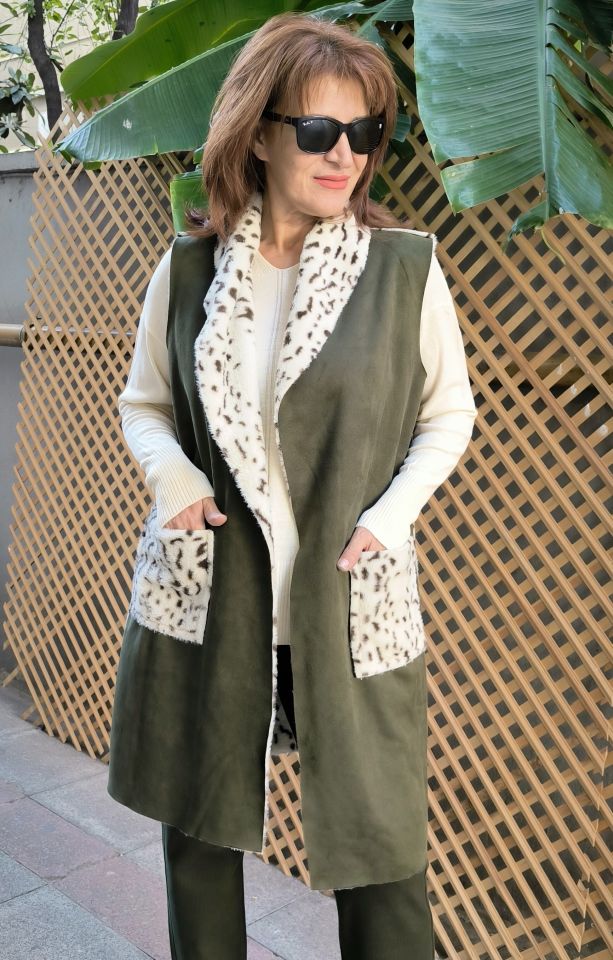 İtalyan Nubuk Cepli Leopar Yelek Haki