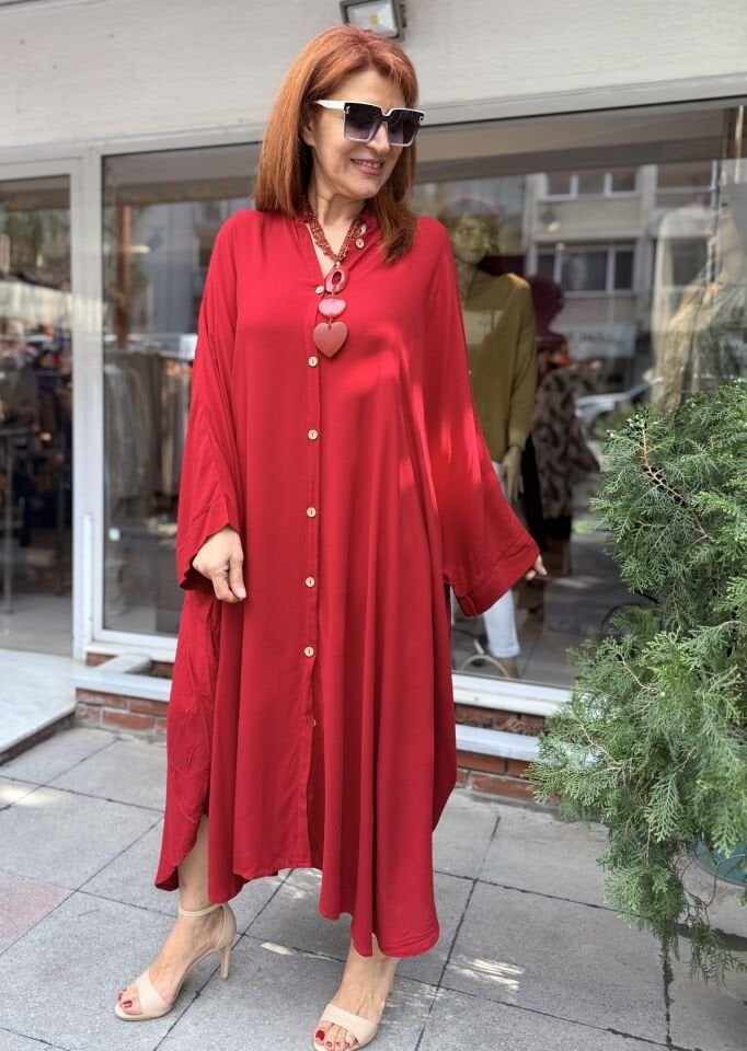 İtalyan Yarasa Kol Uzun Elbise Bordo
