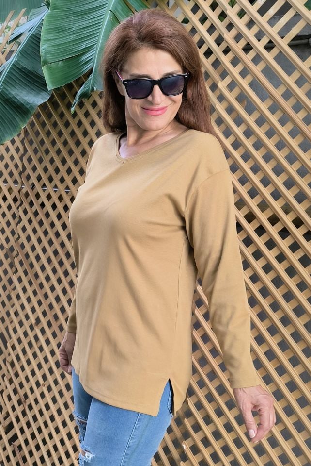 Organik Pamuk Basic Bluz Hardal