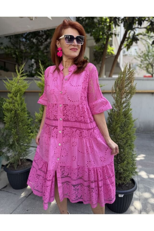 İtalyan Dantelli Güpür Midi Elbise Fuşya