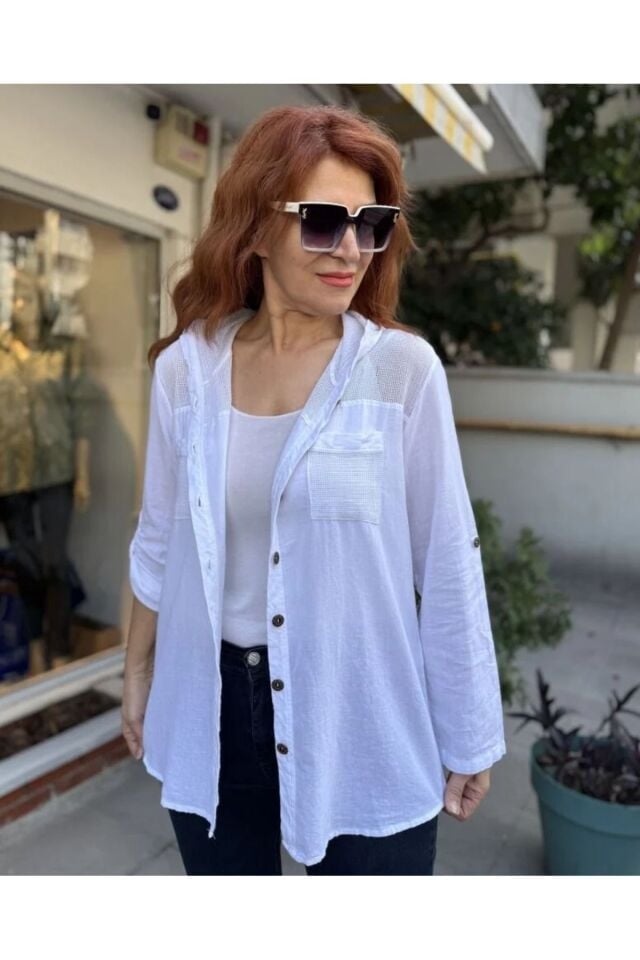 Fileli Kapüşonlu Gömlek/Ceket Beyaz