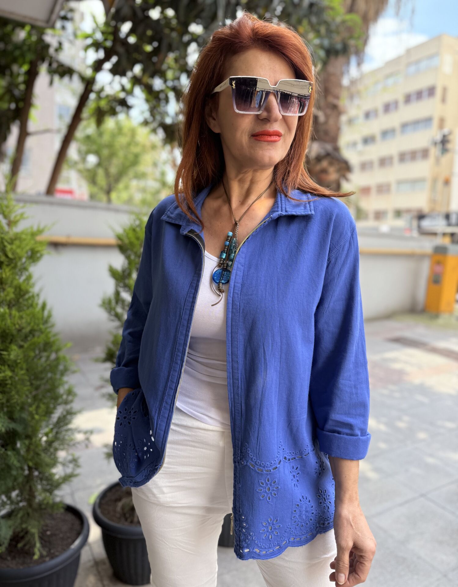 Eteği Güpür Fermuarlı Ceket İndigo Mavi