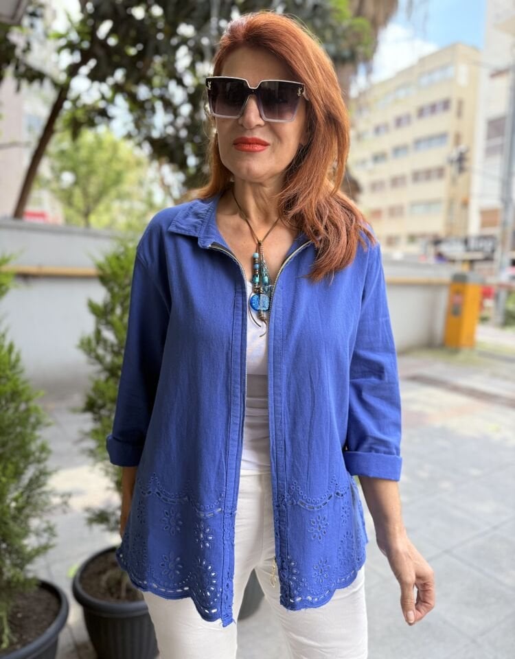Eteği Güpür Fermuarlı Ceket İndigo Mavi