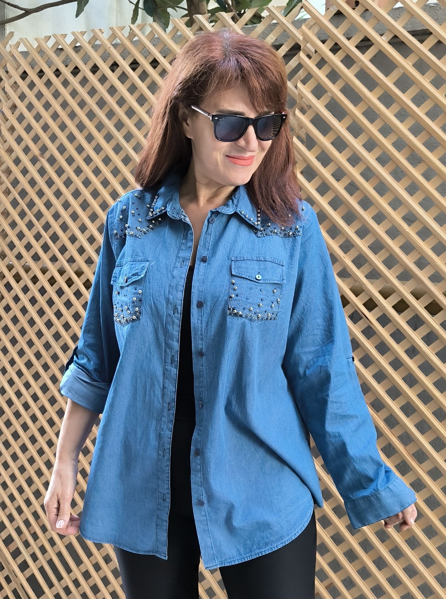 Taş Detaylı Tencel Kot Gömlek/Ceket