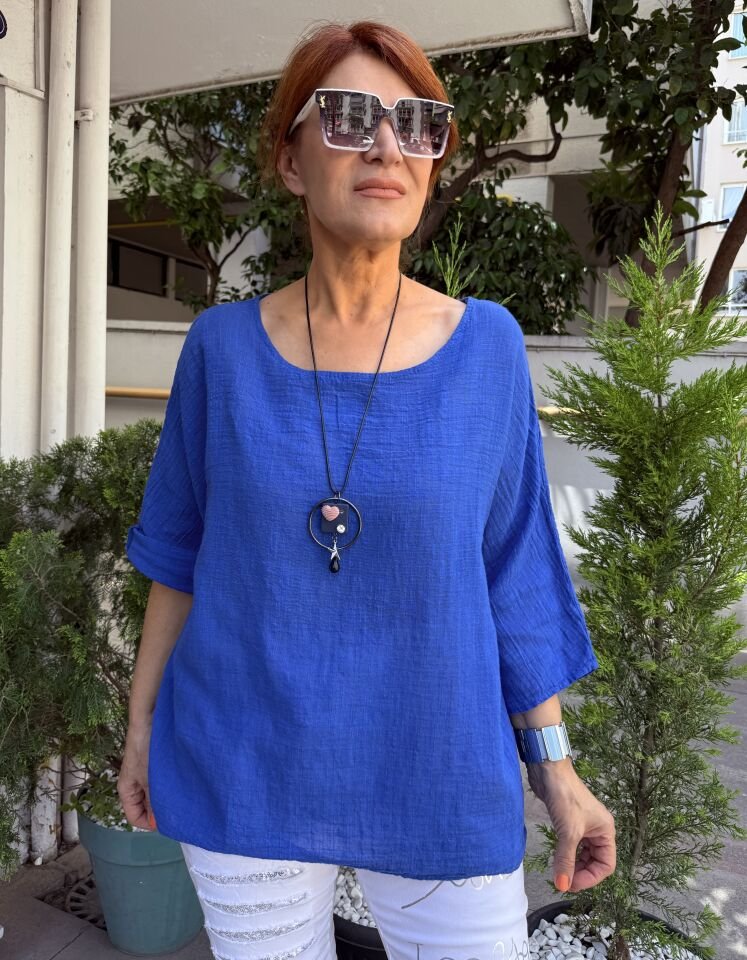 İtalyan Pamuk Keten Bluz Saks Mavi