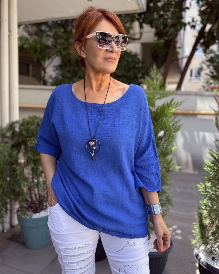 İtalyan Pamuk Keten Bluz Saks Mavi
