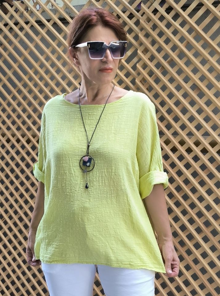 İtalyan Pamuk Keten Bluz Lime