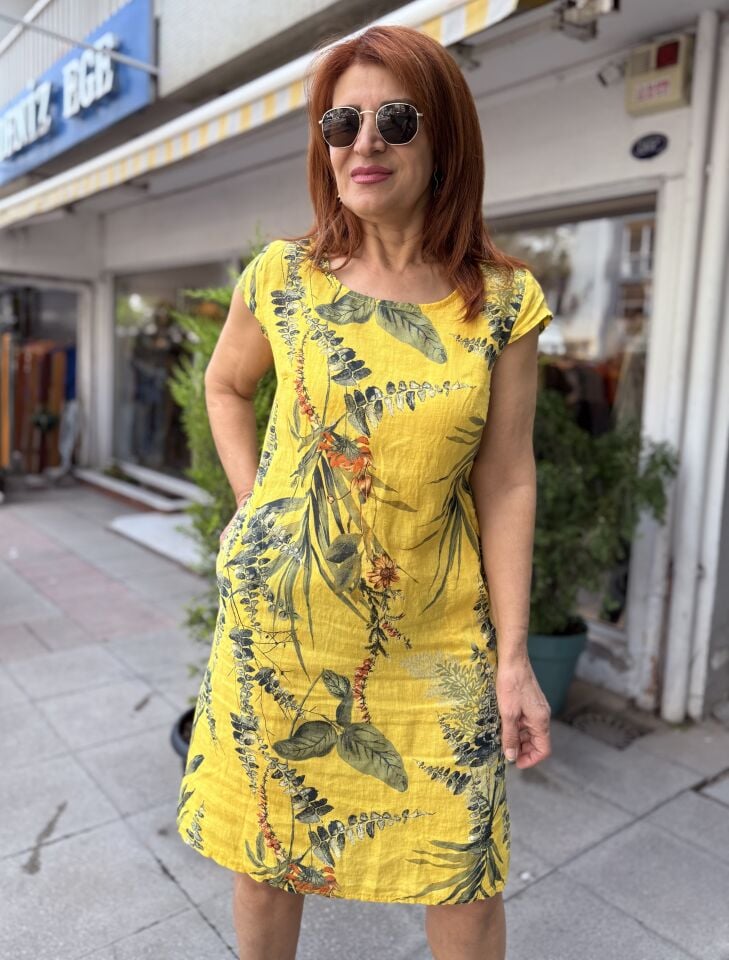 Leaf İtalyan Keten Elbise Sarı