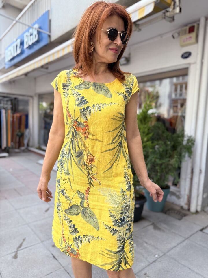 Leaf İtalyan Keten Elbise Sarı