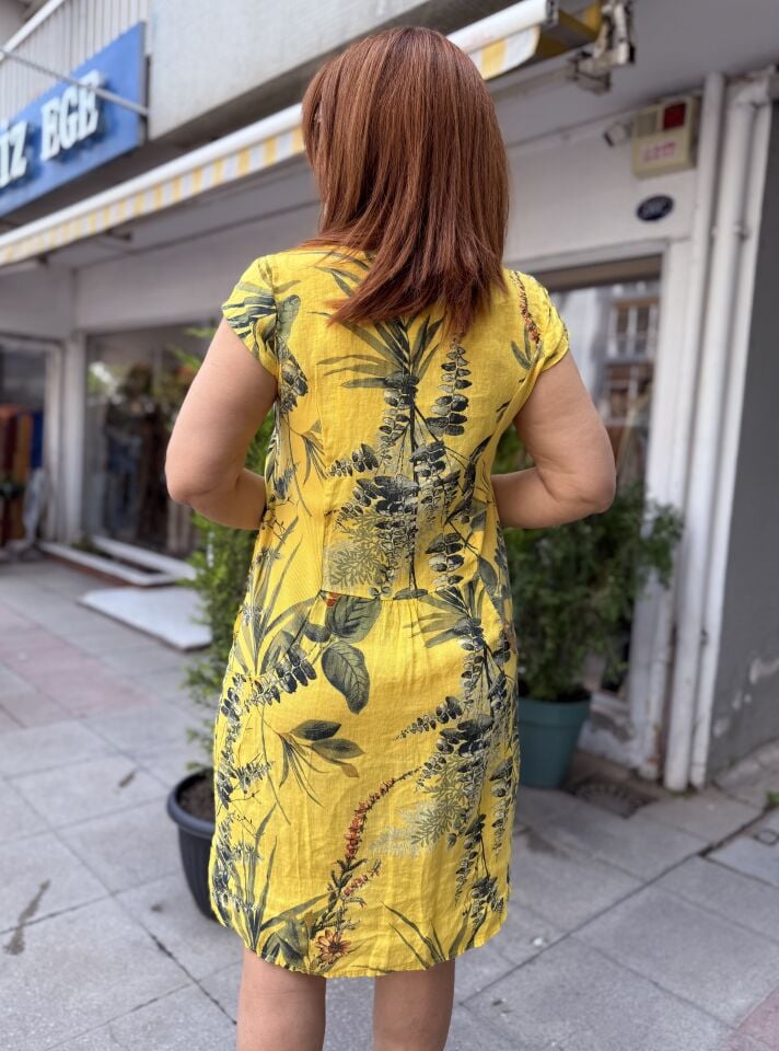 Leaf İtalyan Keten Elbise Sarı