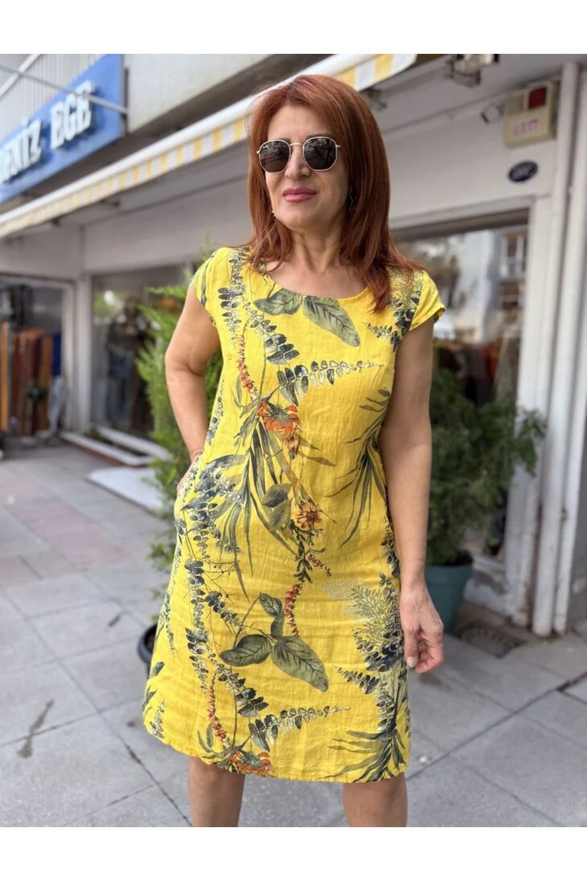 Leaf İtalyan Keten Elbise Sarı