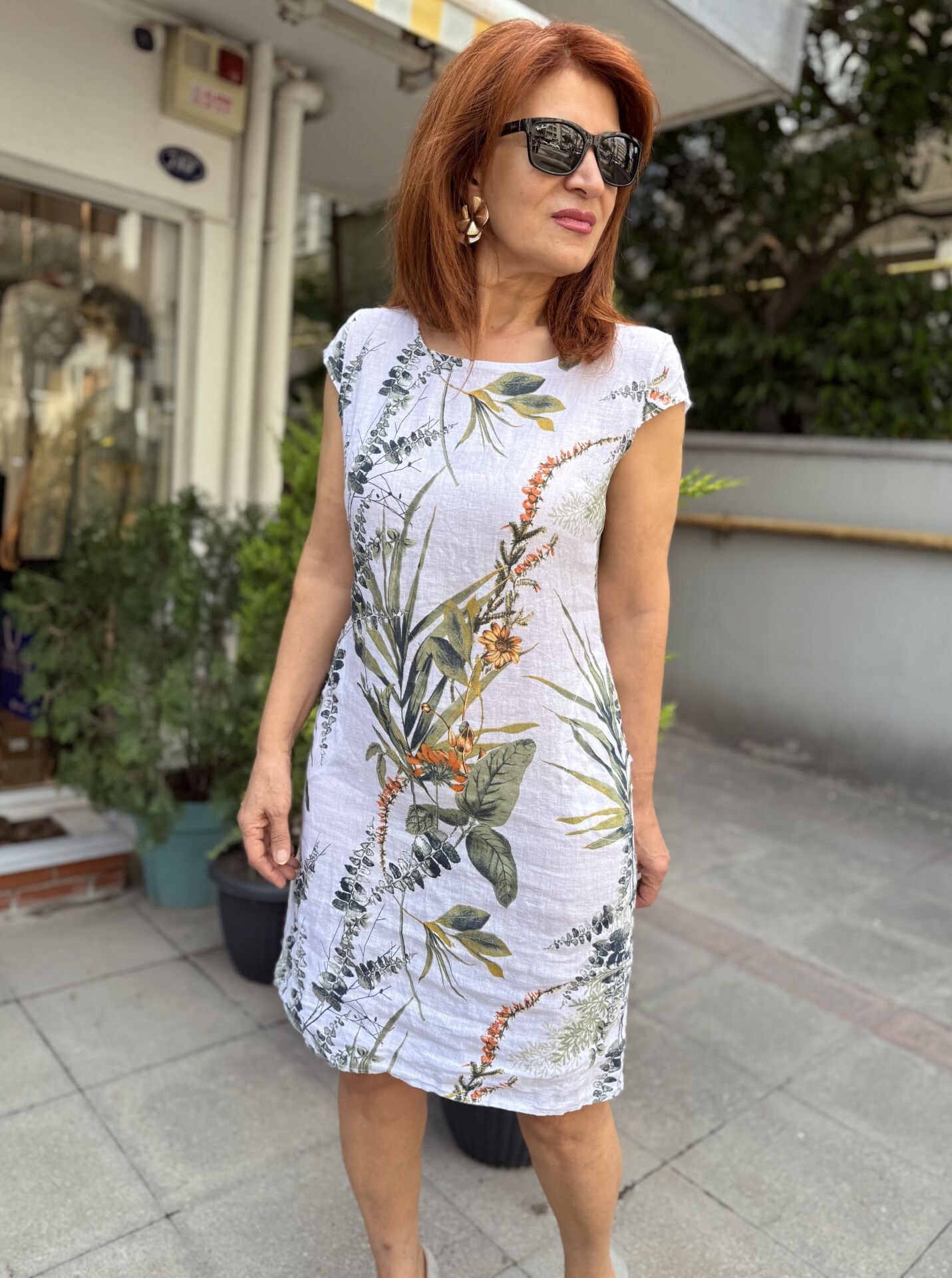Leaf İtalyan Keten Elbise Beyaz