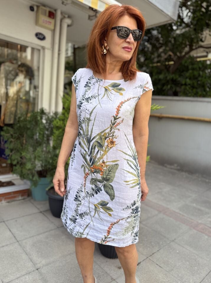 Leaf İtalyan Keten Elbise Beyaz
