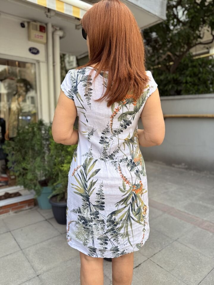 Leaf İtalyan Keten Elbise Beyaz