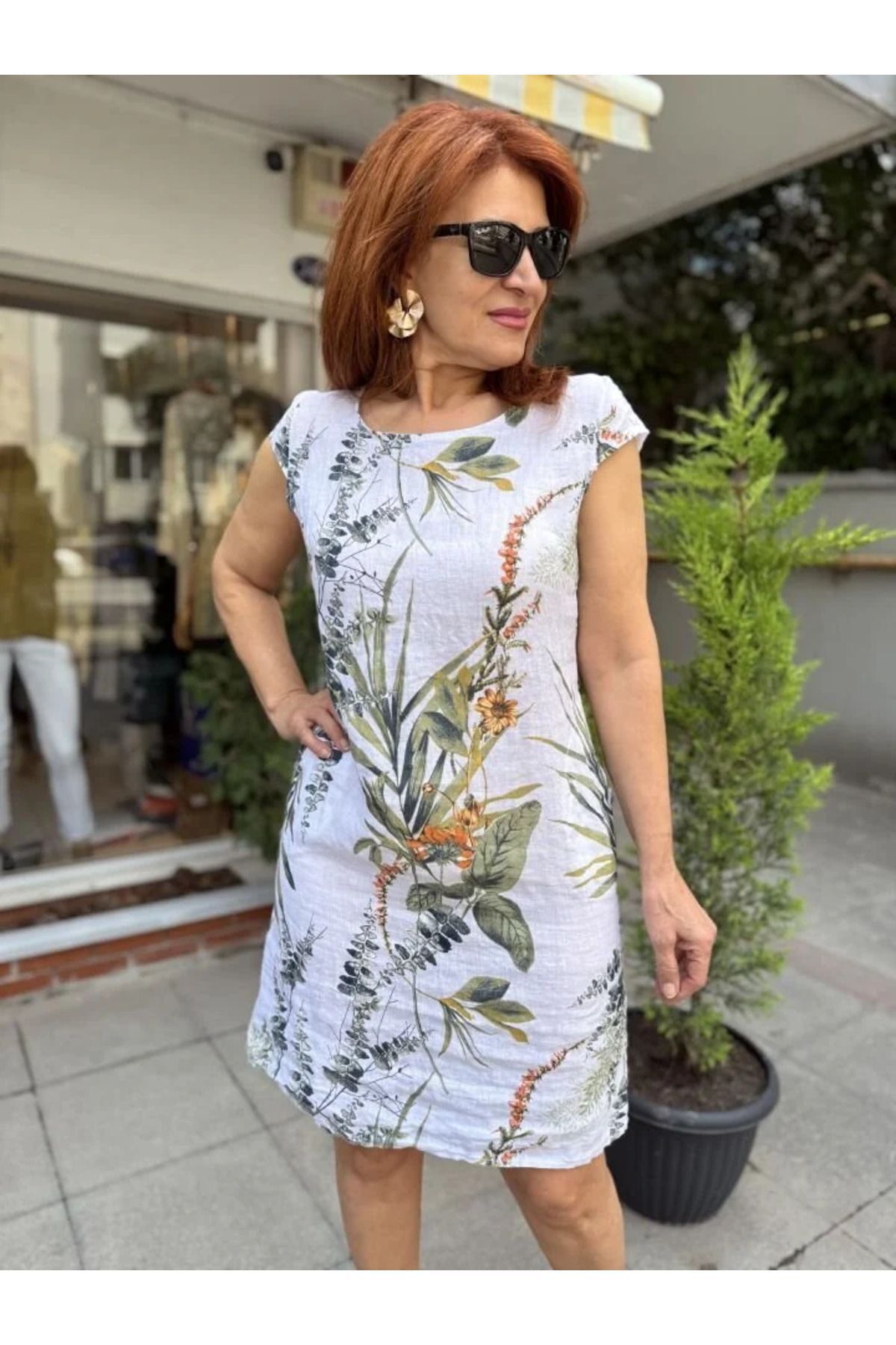 Leaf İtalyan Keten Elbise Beyaz
