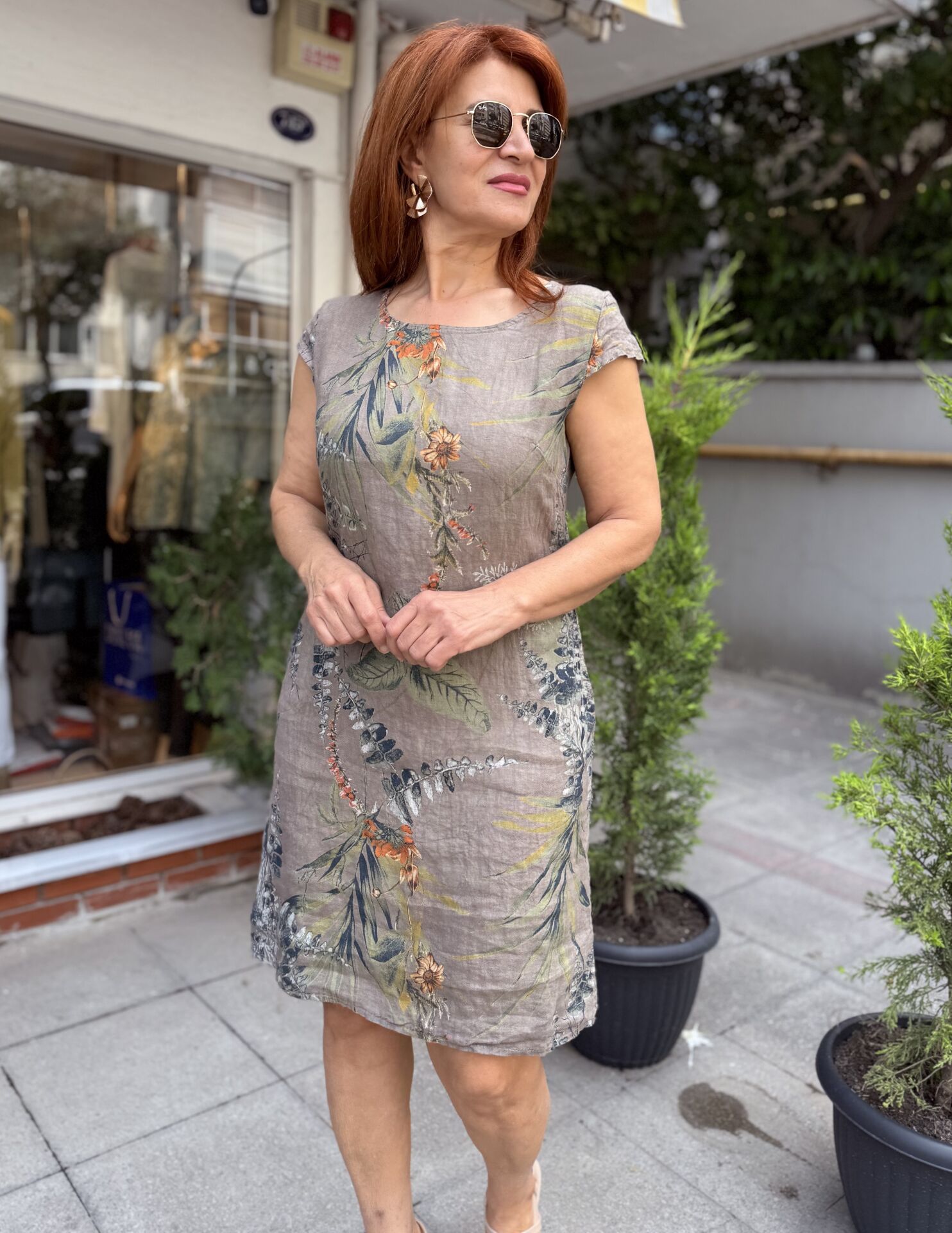 Leaf İtalyan Keten Elbise Vizon
