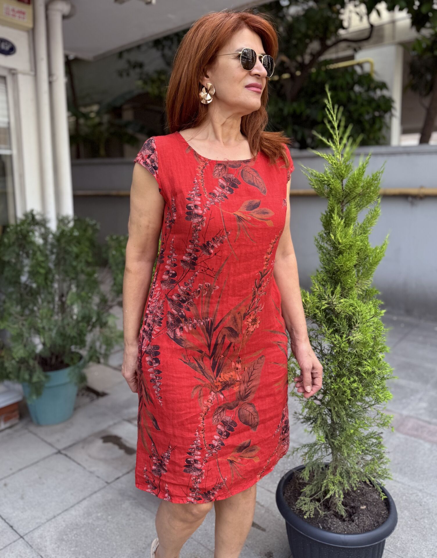 Leaf İtalyan Keten Elbise Kırmızı
