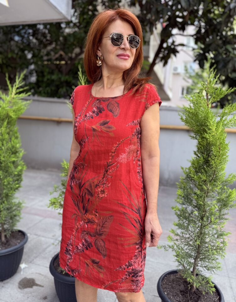 Leaf İtalyan Keten Elbise Kırmızı