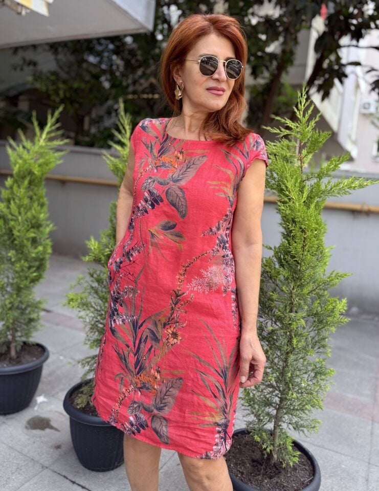 Leaf İtalyan Keten Elbise Fuşya