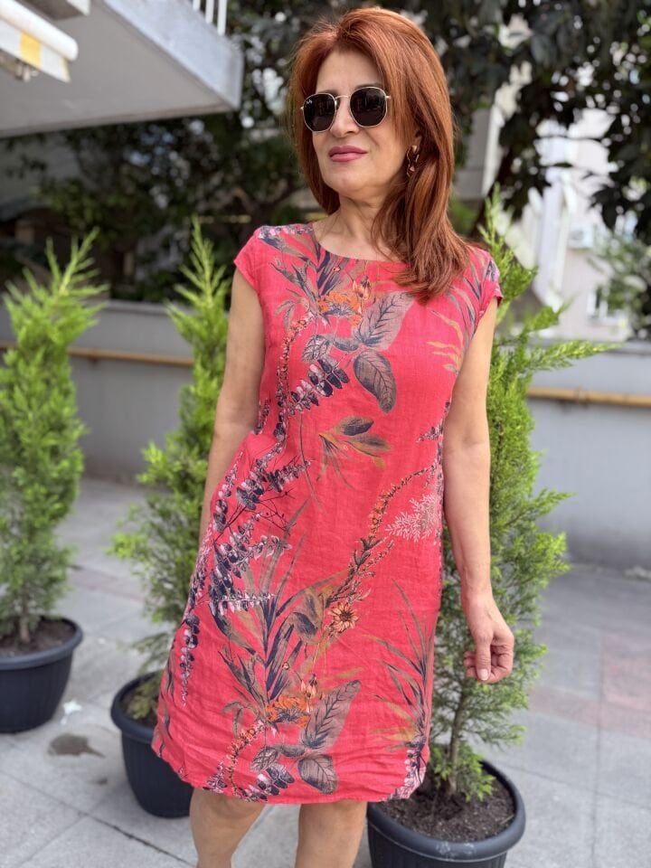 Leaf İtalyan Keten Elbise Fuşya