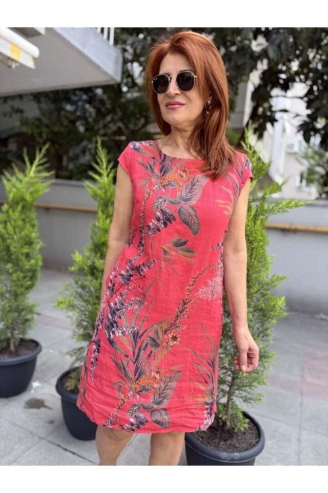 Leaf İtalyan Keten Elbise Fuşya