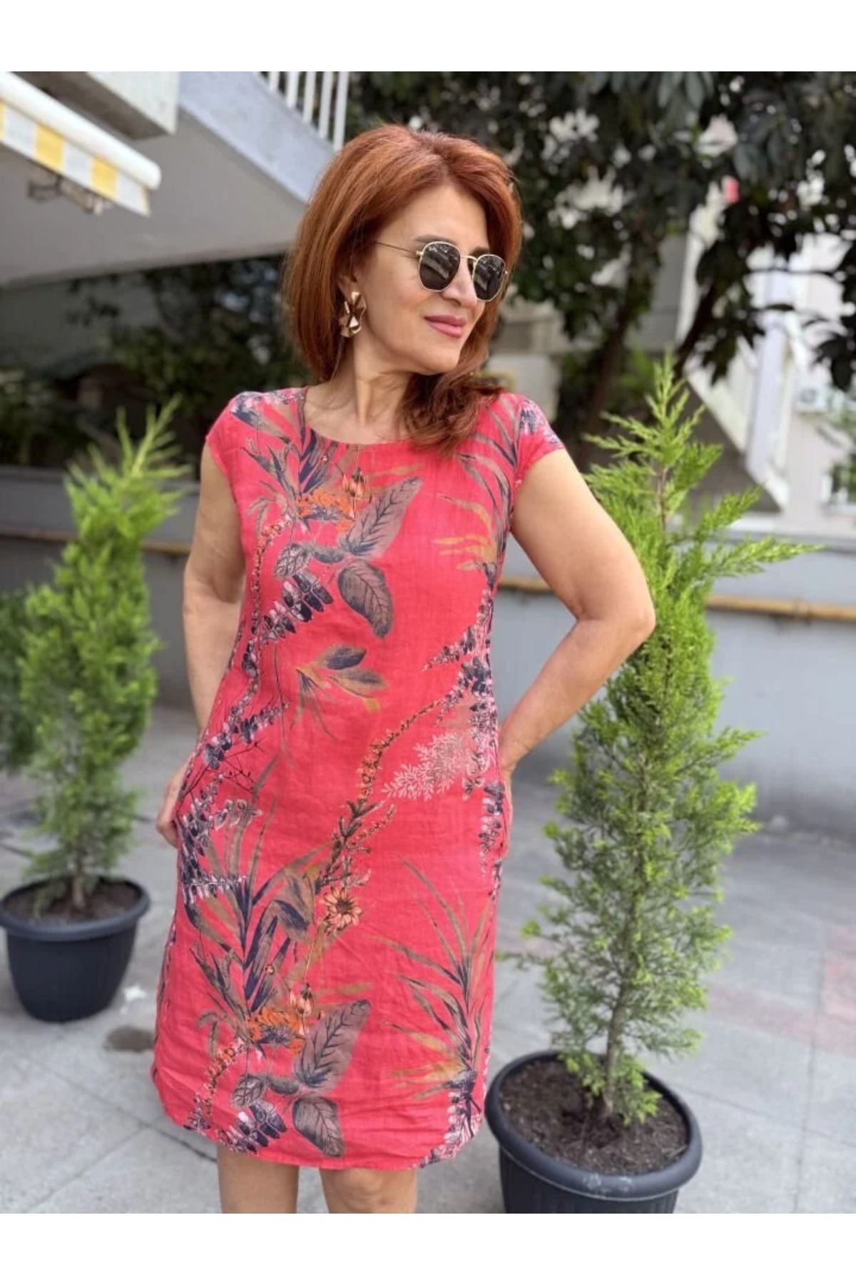 Leaf İtalyan Keten Elbise Fuşya