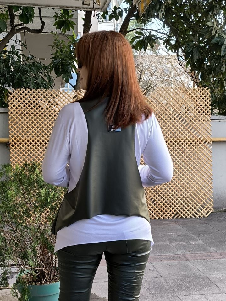Fermuarlı Deri Yelek Yeşil