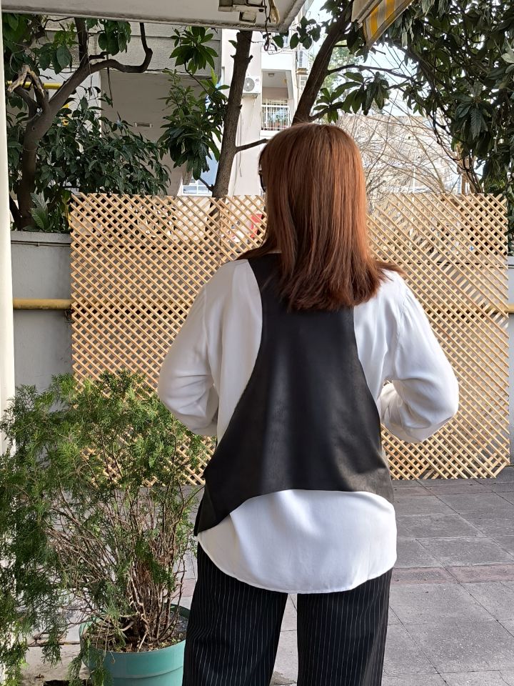 Fermuarlı Deri Yelek Siyah