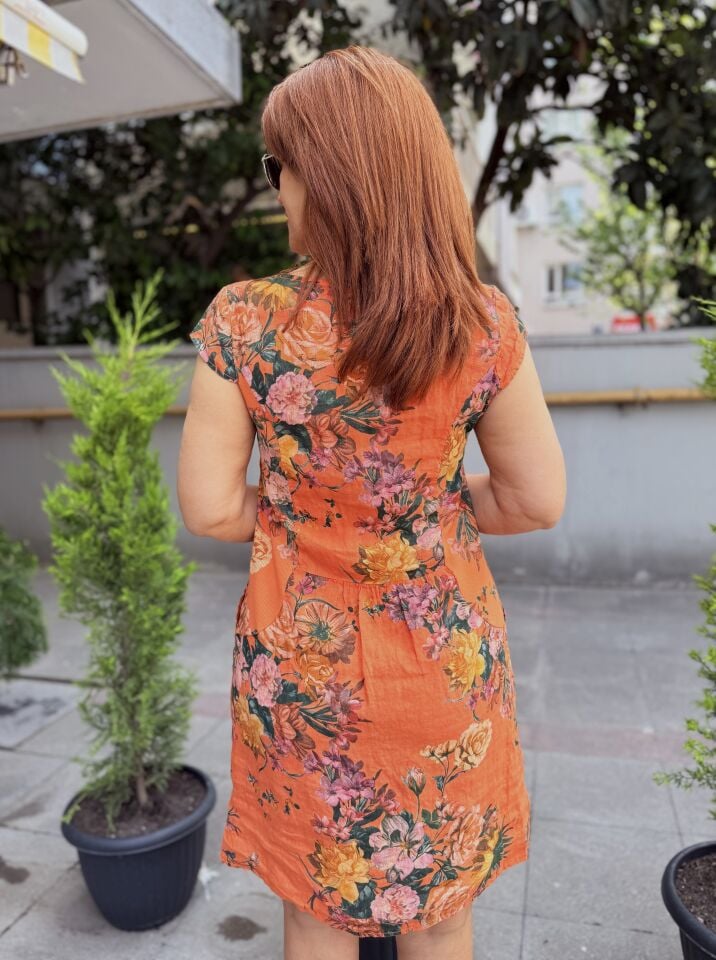 Rosalinda İtalyan Keten Elbise Turuncu