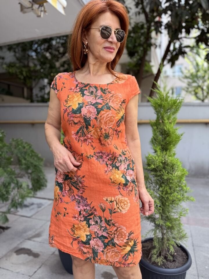 Rosalinda İtalyan Keten Elbise Turuncu