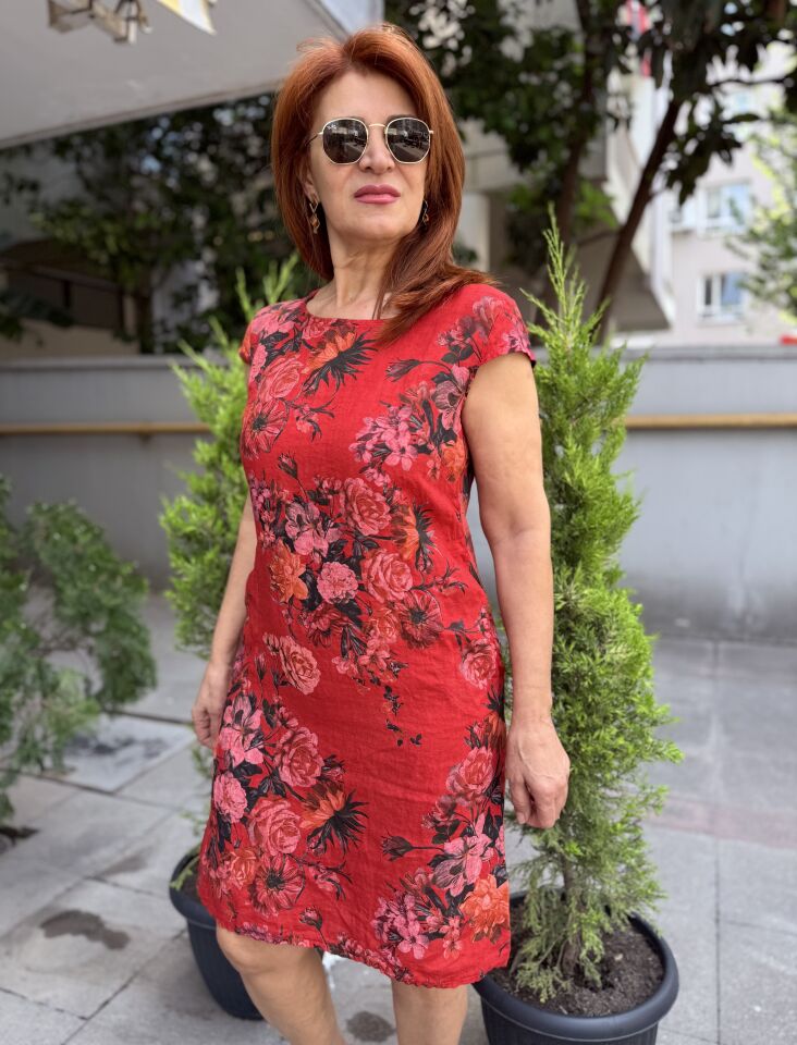 Rosalinda İtalyan Keten Elbise Kırmızı
