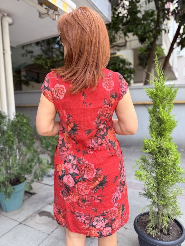 Rosalinda İtalyan Keten Elbise Kırmızı