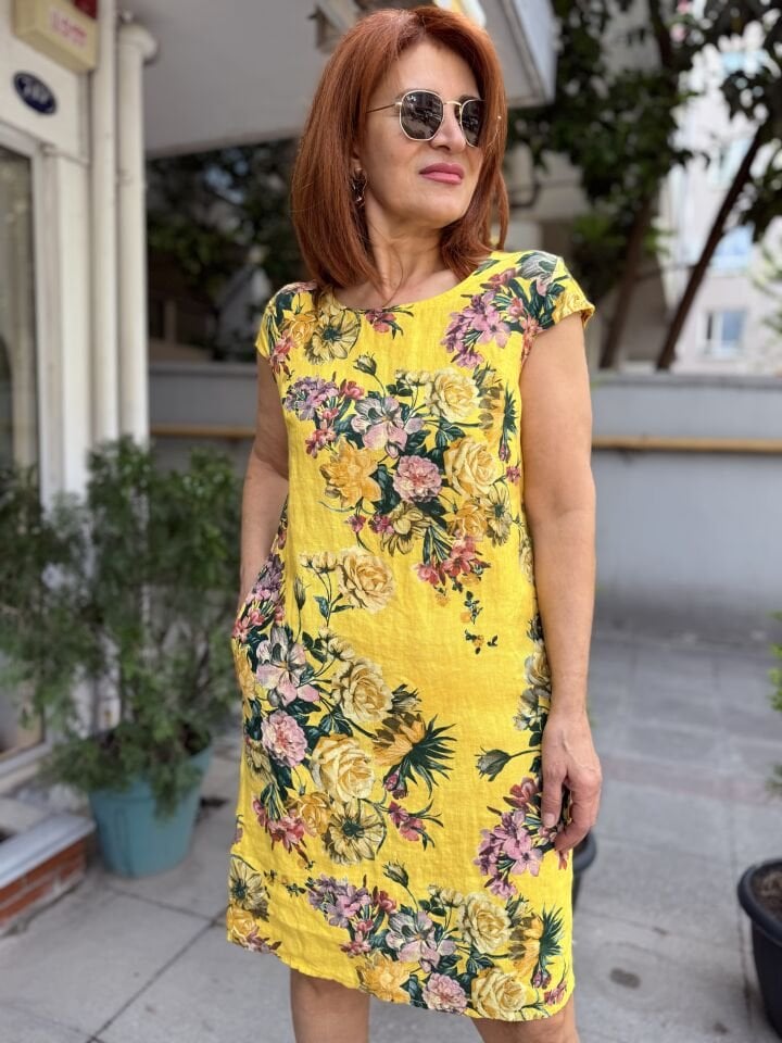 Rosalinda İtalyan Keten Elbise Sarı