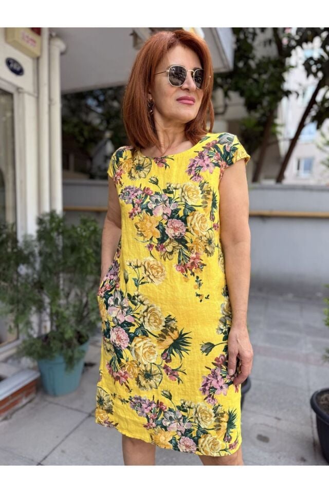 Rosalinda İtalyan Keten Elbise Sarı