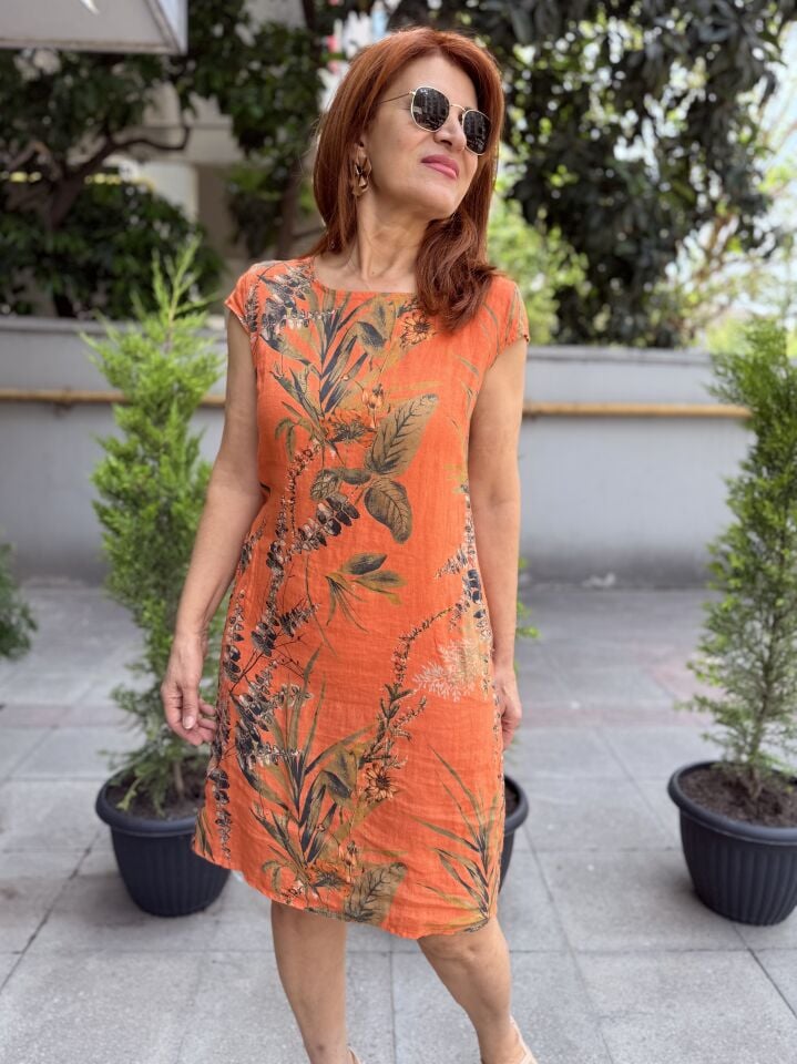 Leaf İtalyan Keten Elbise Turuncu