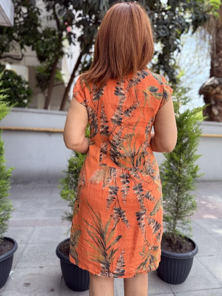 Leaf İtalyan Keten Elbise Turuncu