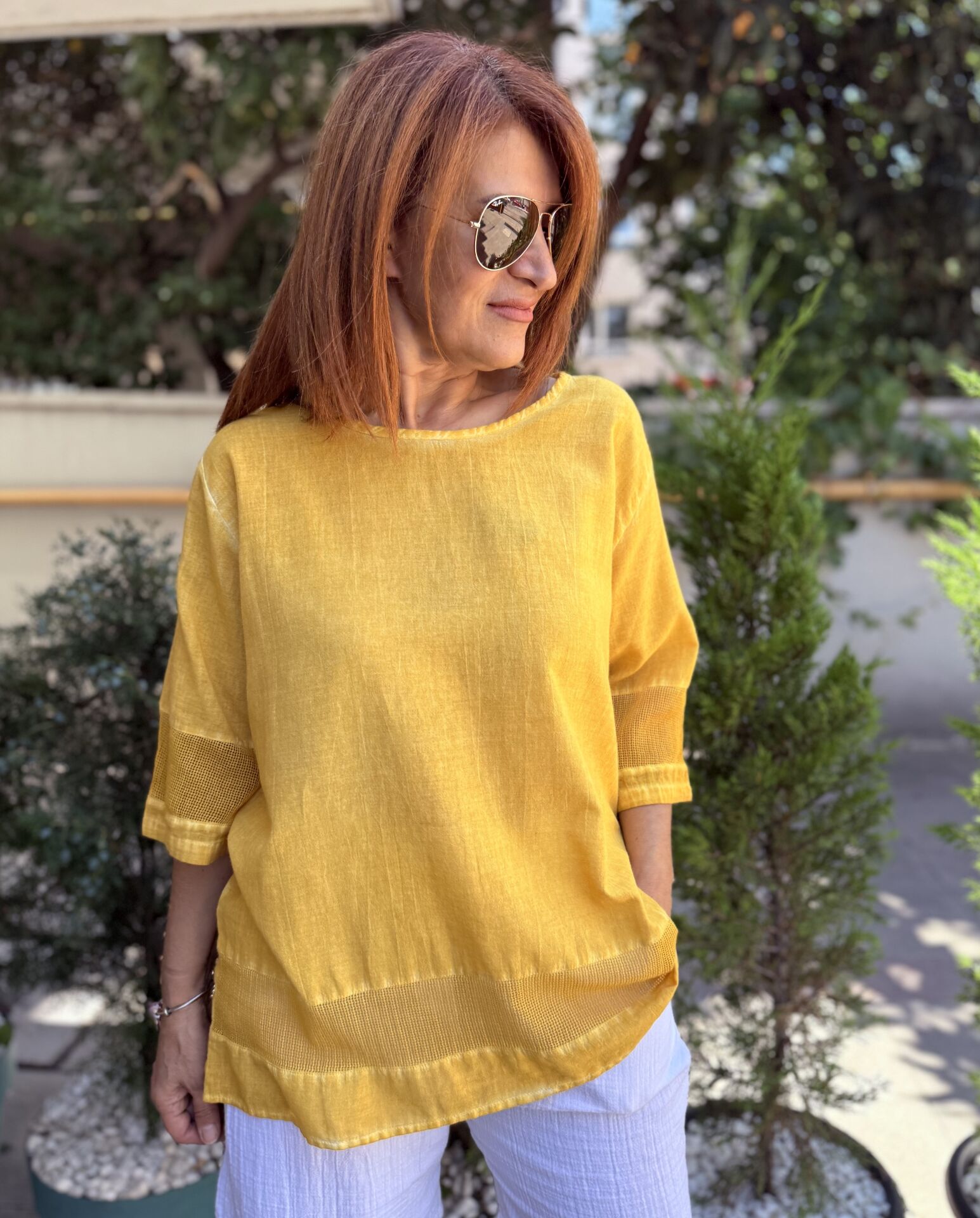 File Detaylı Pamuk Bluz Sarı