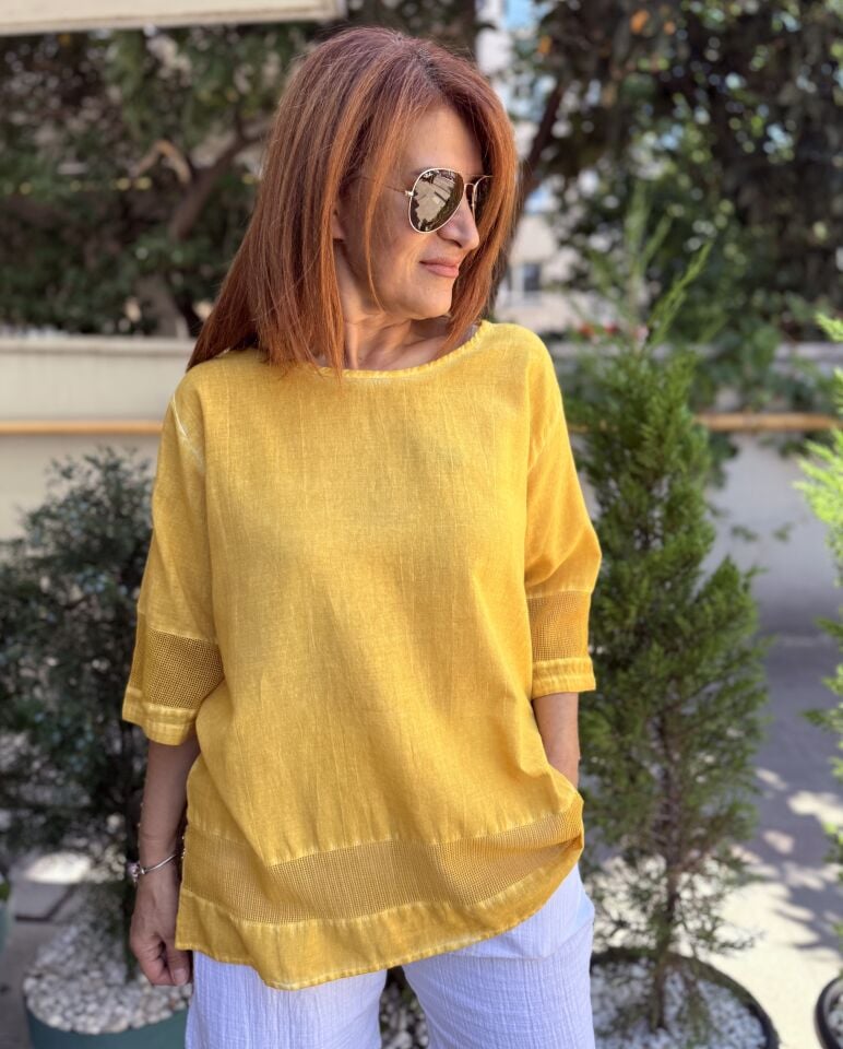 File Detaylı Pamuk Bluz Sarı