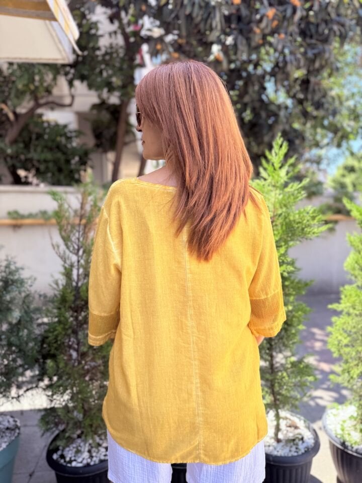 File Detaylı Pamuk Bluz Sarı
