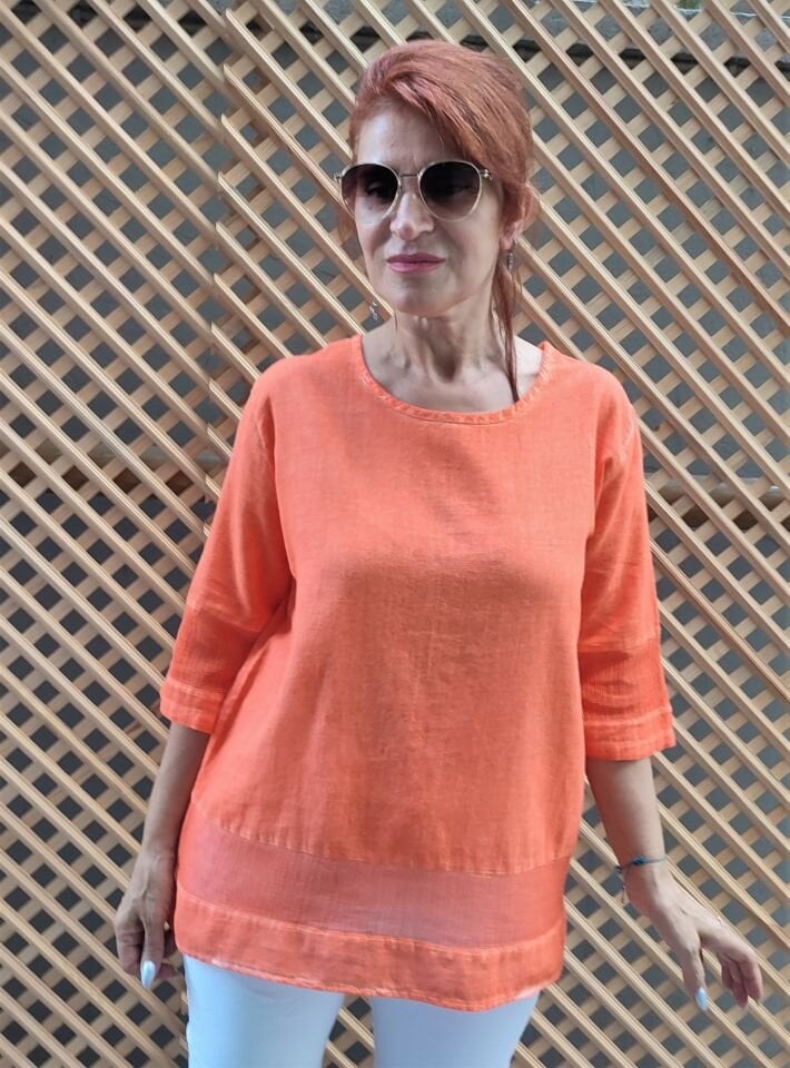 File Detaylı Pamuk Bluz Turuncu