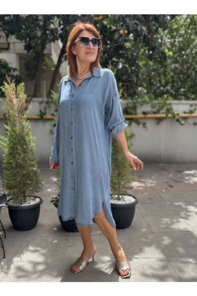 Tüm Düğme Tencel Kot Elbise